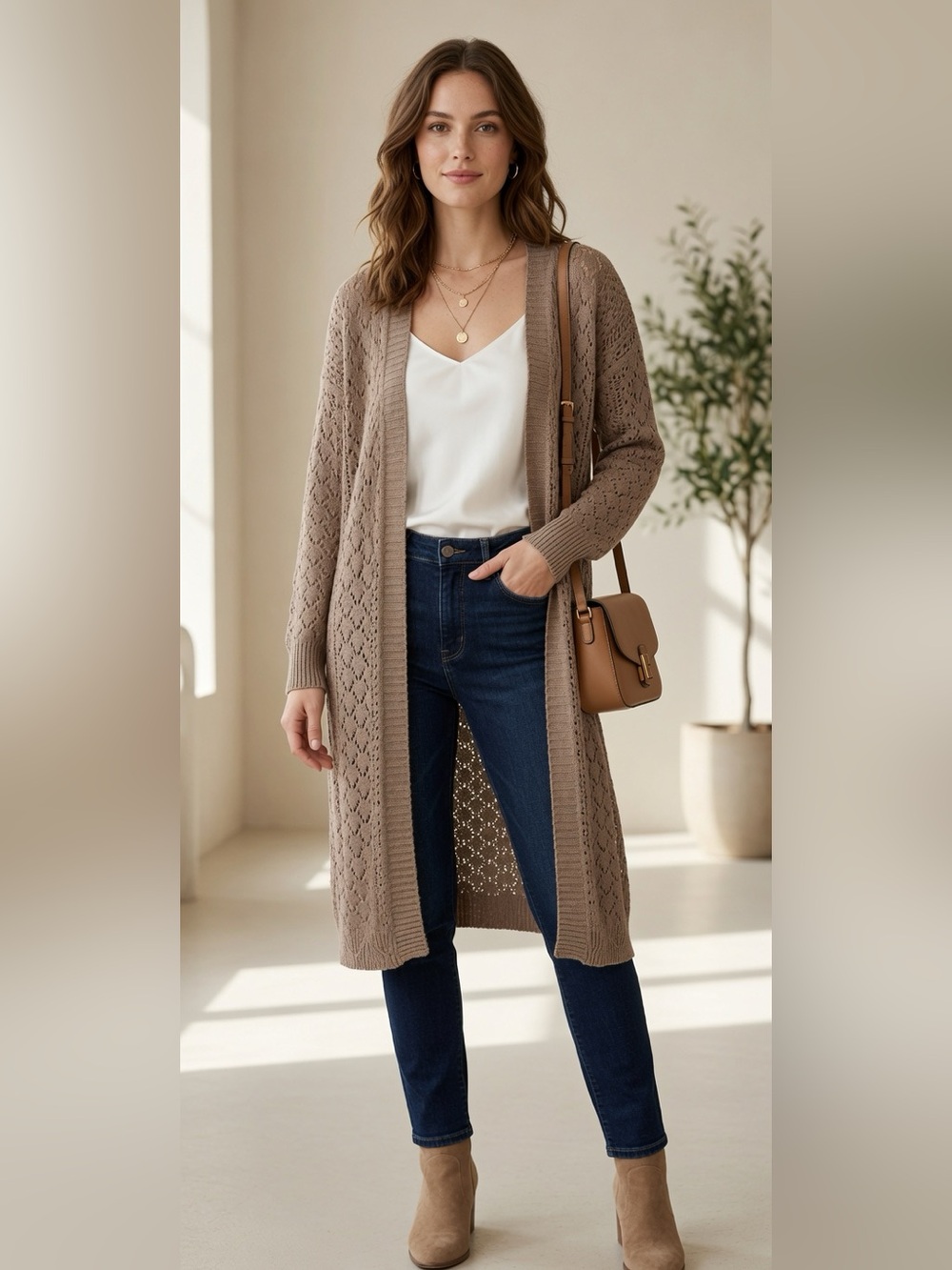 SHEIN Taupe Openwork Knit Long Cardigan Size S